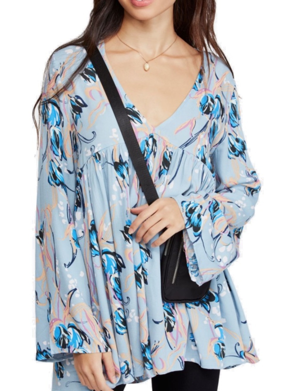 Free People Light Blue Floral V-Neck Long Sleeve Tunic XS